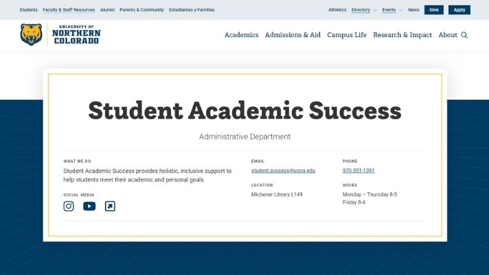 screenshot of Student Academic Success webpage